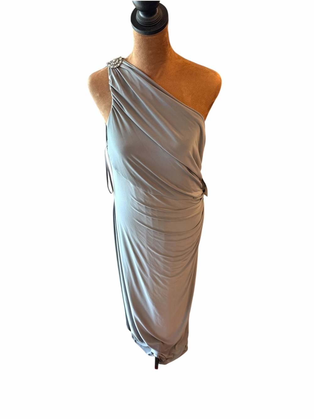 Lauren Ralph Lauren Gray One Shoulder Draped Dress Eve Gown Brooch $180 Size 16